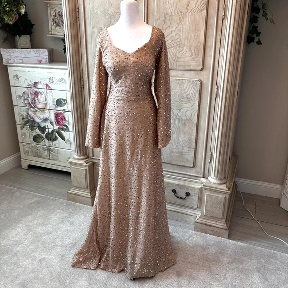 NEW Gold Prom Dress, Gold Dress, Gold Maxi Dress, Sequin Dress, Size 14/Large - Picture 2 of 11